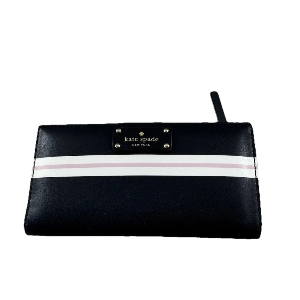 Kate Spade Stacy Wallet Black Pink White Stripe Leather Card Holder‎ Clutch Slim